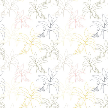 Vector botanical seamless pattern with simple hand drawn twigs with leaves and berries. © dinadankersdesign