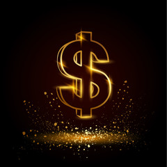 Gold dollar symbol. Currency linear vector illustration on a black background.