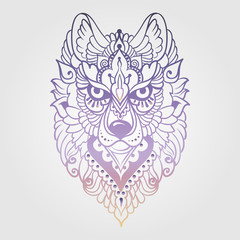 Tribal ethnic wolf, detailed colorful ornamental pattern, hand drawn abstract artwork in line art graphic style, gradient vector illustration in violet color