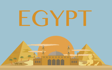 Egyptian pyramids banner in desert with blue sky 