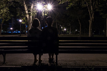 Two women sitting with their backs to the camera on a bench in a night park in the light of street...