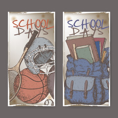 Two banners with school related color sketches featuring sport gear and backpack.