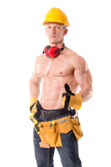 handsome construction worker posing isolated in white