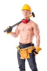 handsome construction worker posing isolated in white