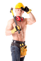handsome construction worker posing isolated in white