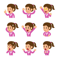 Set of cartoon businesswoman faces showing different emotions