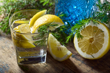Cocktail with blue gin , tonic and lemon .