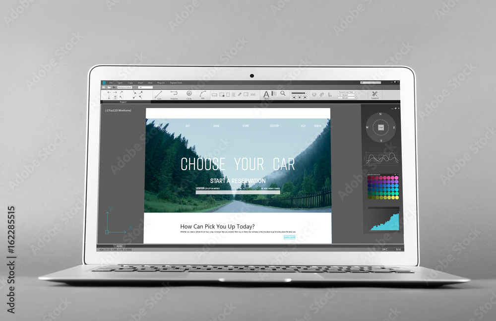 Wall mural laptop and interface of program for graphic design on screen, gray background. modern technology con