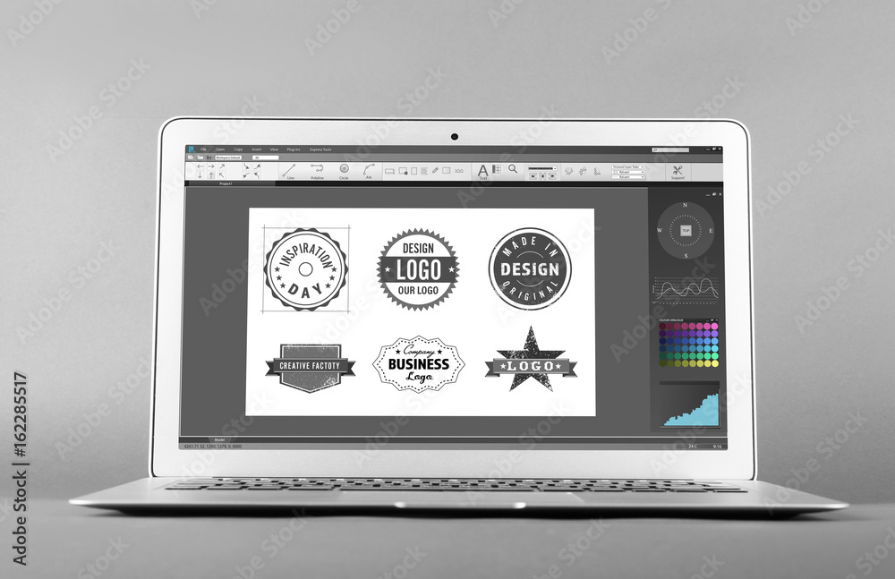 Fototapete laptop and interface of program for graphic design on screen, gray background. modern technology con