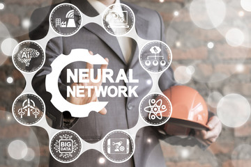 Artificial Neural Network Industry 4.0 Concept. Industrial smart neuron technology. Man offers...