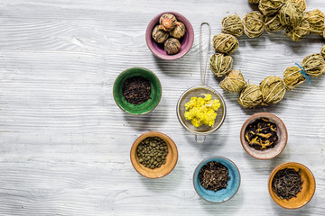 herbal and green tea for tea-house gray wooden desk background flat lay mockup