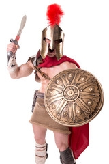 gladiator posing isolated in white