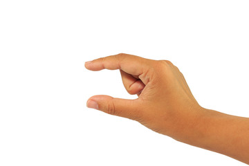 Woman hand holding some like  object isolated on a white background