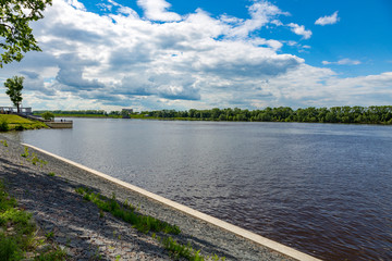 The shore of the grandiose Russian Volga river near the town of Uglich on a summer day. Yaroslavl region
