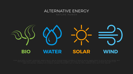 Alternative energy sources. Templates for renewable energy or ecology logos. Nature power symbols. Simple icons