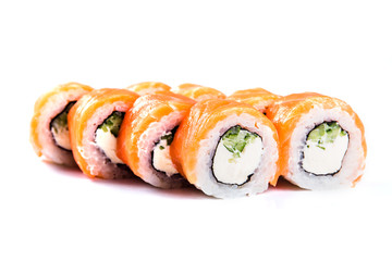sushi rolls on white background isolated. Traditional Japanese cuisine