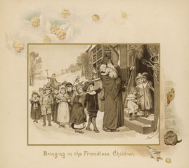 Fototapeta na wymiar Father Christmas with friendless children. Date: circa 1897