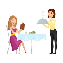 A waiter with a hot dish in the restaurant. Vector illustration on a white background. Flat and cartoon style.