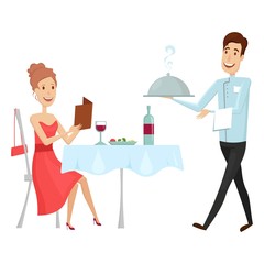 A waiter with a hot dish in the restaurant. Vector illustration on a white background. Flat and cartoon style.