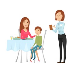 A waiter with a hot dish in the restaurant. Vector illustration on a white background. Flat and cartoon style.