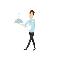 A waiter with a hot dish in the restaurant. Vector illustration on a white background.