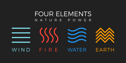 Four elements simple line symbol. Vector logo template. Wind, fire, water, earth sign. - obrazy, fototapety, plakaty