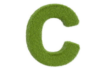 Green letter C from grass closeup, 3D rendering