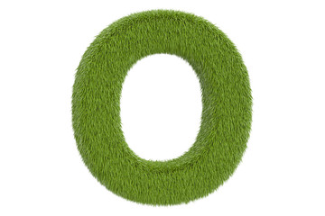 Green letter O from grass closeup, 3D rendering