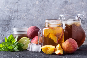Peach ice tea in the jars