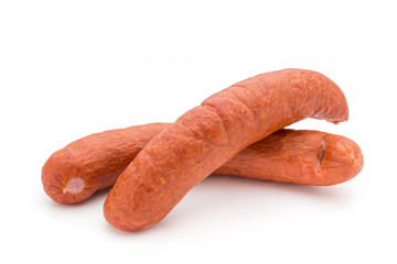 Smoked sausage on a white background.