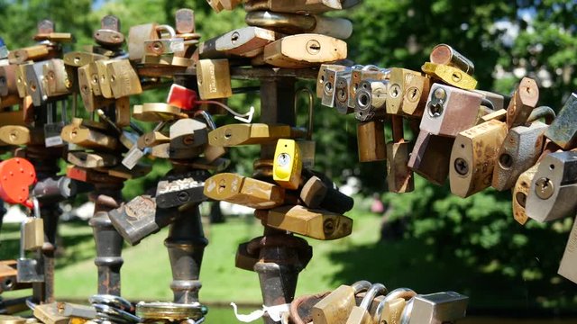 Love locks at a bridge in the Bastion Hill Park Riga, Latvia