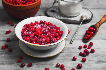 Cranberries (Lingonberry, cowberries) on light wooden background.