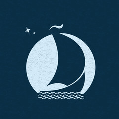 Sailboat at sea on waves in the background of the moon in the night sky. Sailing ship poster.