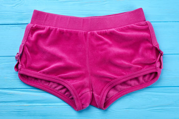 Pink velour shorts for girl. Velvet elegant short trousers for women.