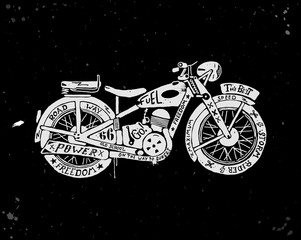 Naklejka premium Ręcznie rysowane sylwetka rocznika motocykla wypełnione tekstem. Ilustracja wektorowa grunge