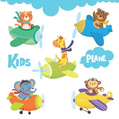 Meubelstickers Olifant in een vliegtuig Set van schattige dieren op het vliegtuig in de lucht. Grappige piloten. vector illustratie
