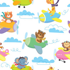 Seamless pattern with cute animal on planein sky. Vector illustration