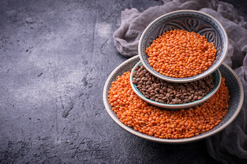 Bowls with red and black lentils