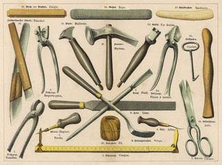 Various shoemaking tools. Date: 1875