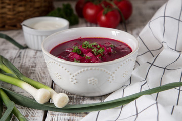Borsch - beetroot soup. Ukrainian and Russian traditional vegetable vegetarian red soup