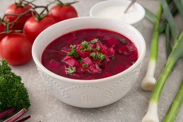 Borsch - beetroot soup. Ukrainian and Russian traditional vegetable vegetarian red soup