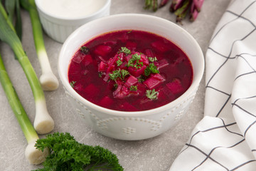 Borsch - beetroot soup. Ukrainian and Russian traditional vegetable vegetarian red soup