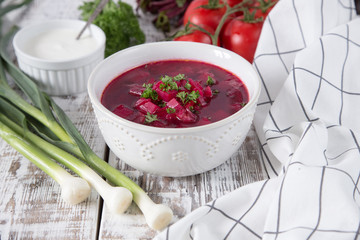 Borsch - beetroot soup. Ukrainian and Russian traditional vegetable vegetarian red soup
