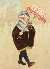 Girl with an umbrella  wrapped up against the cold. Date: 1926