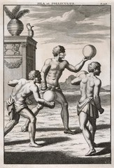 Ancient Roman athletes playing handball. Date: BCE