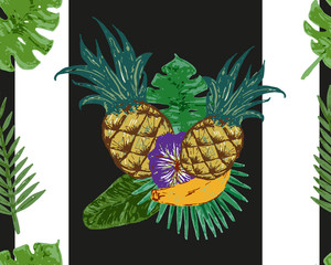 Hand drawn striped pineapple seamless pattern