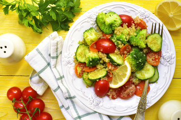 Vegetable salad with quinoa.Top view.