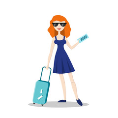 Young pretty redhead girl with travel suitcase and airplane tickets