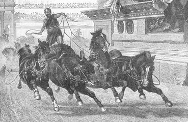 Ancient Roman charioteer driving four horses. Date: BCE