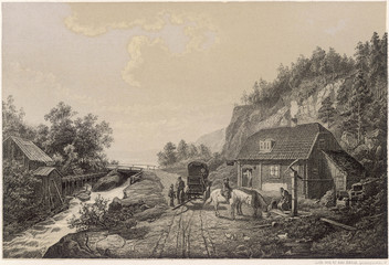 Watering horses at Smaland  Sweden. Date: 1865